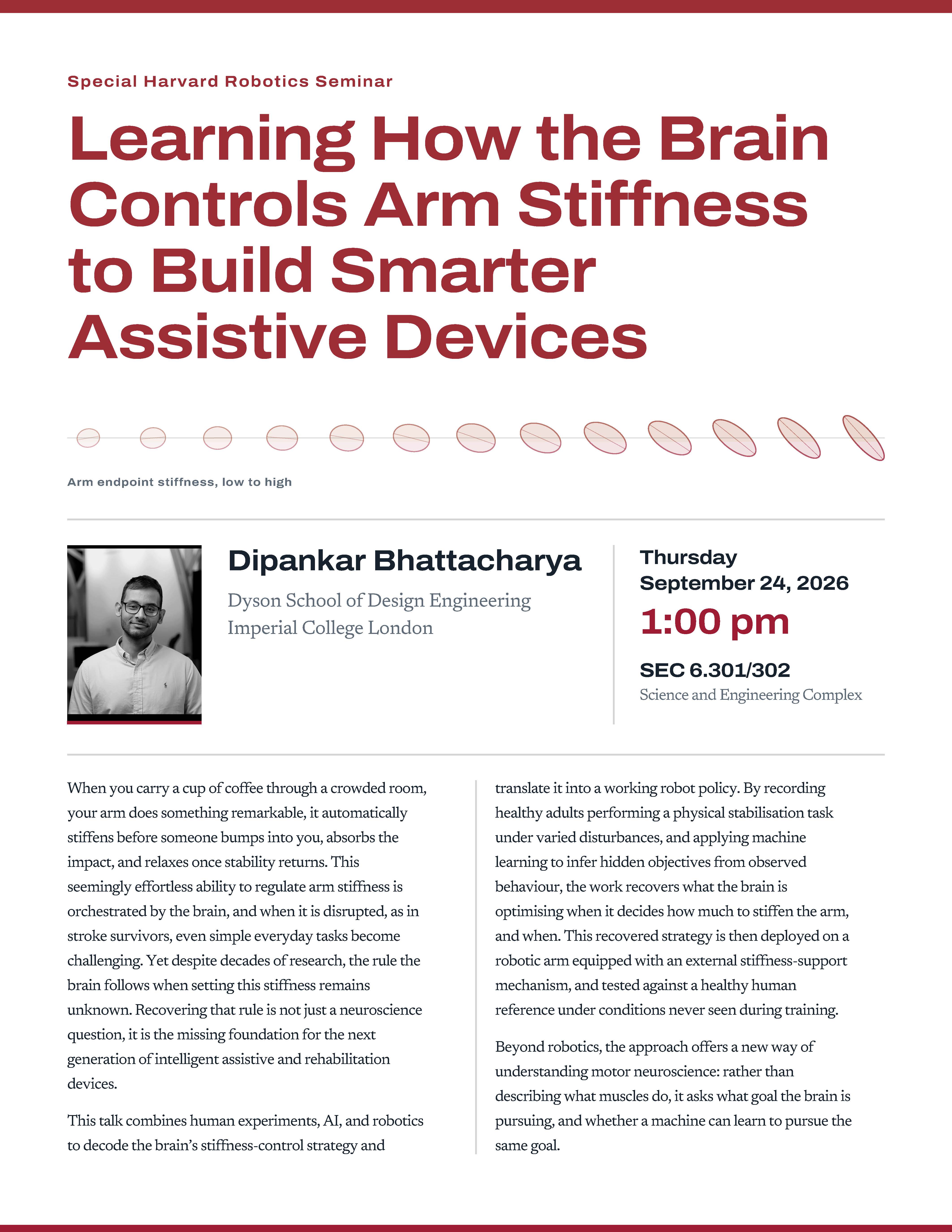 Harvard Robotics Seminar poster — Learning How the Brain Controls Arm Stiffness