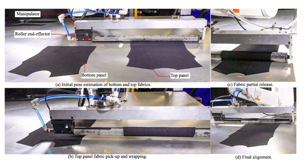 Automated fabric alignment using roller end-effector — pick-up, partial release, and final alignment of garment panels
