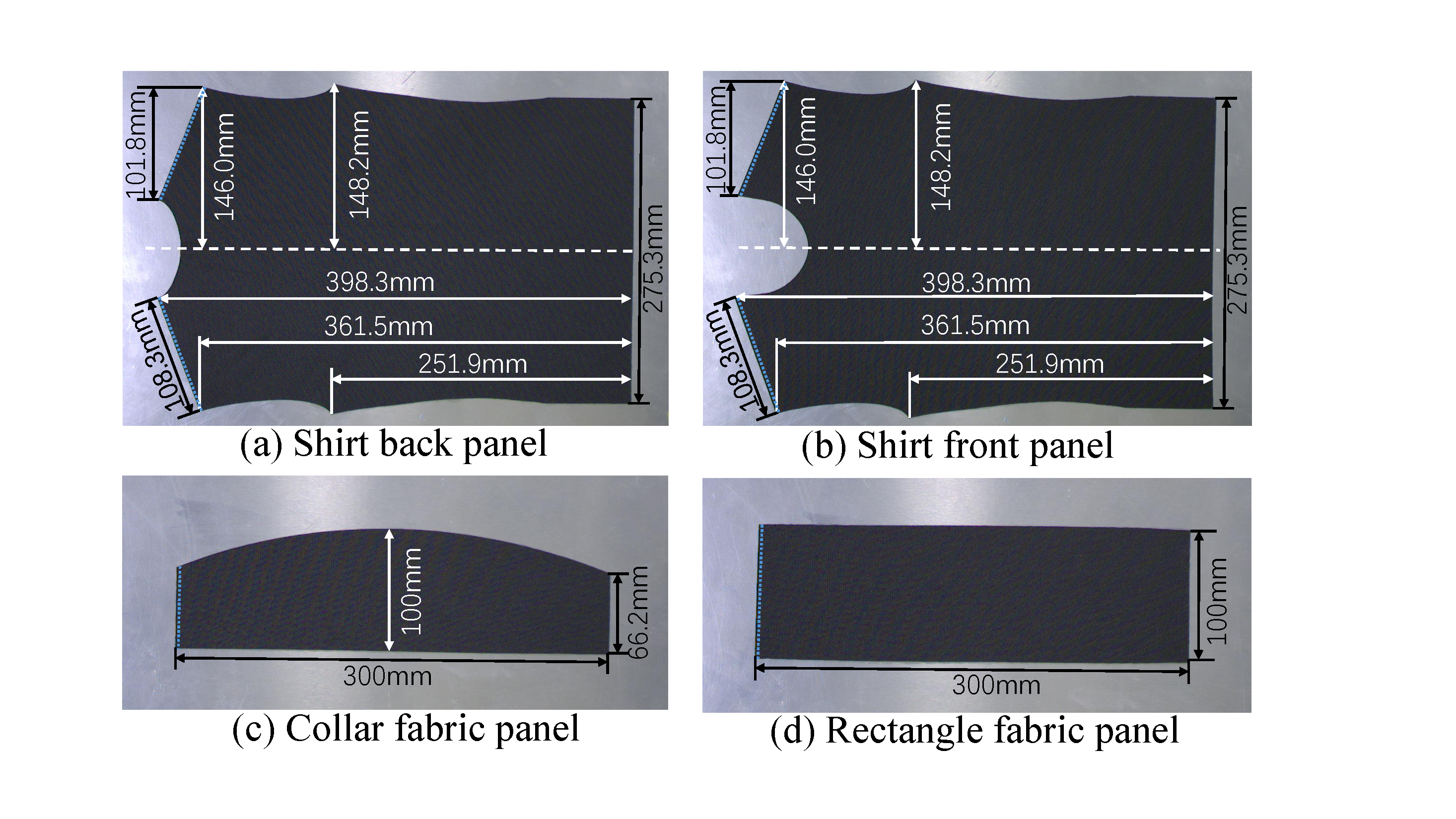 Shirt back, shirt front, collar, and rectangle fabric panels with dimensions